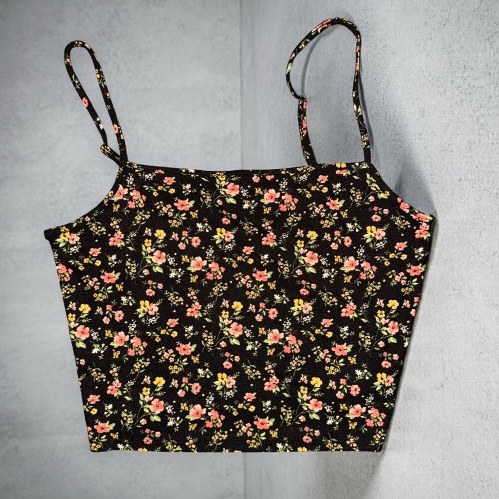 Forever 21 Tank Top Womens L Black Ditsy Floral Cropped Cami Spaghetti
